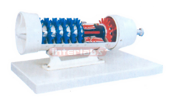 GAS TURBINE TURBOJET ENGINE Mounted on metal base with printed diagram and key